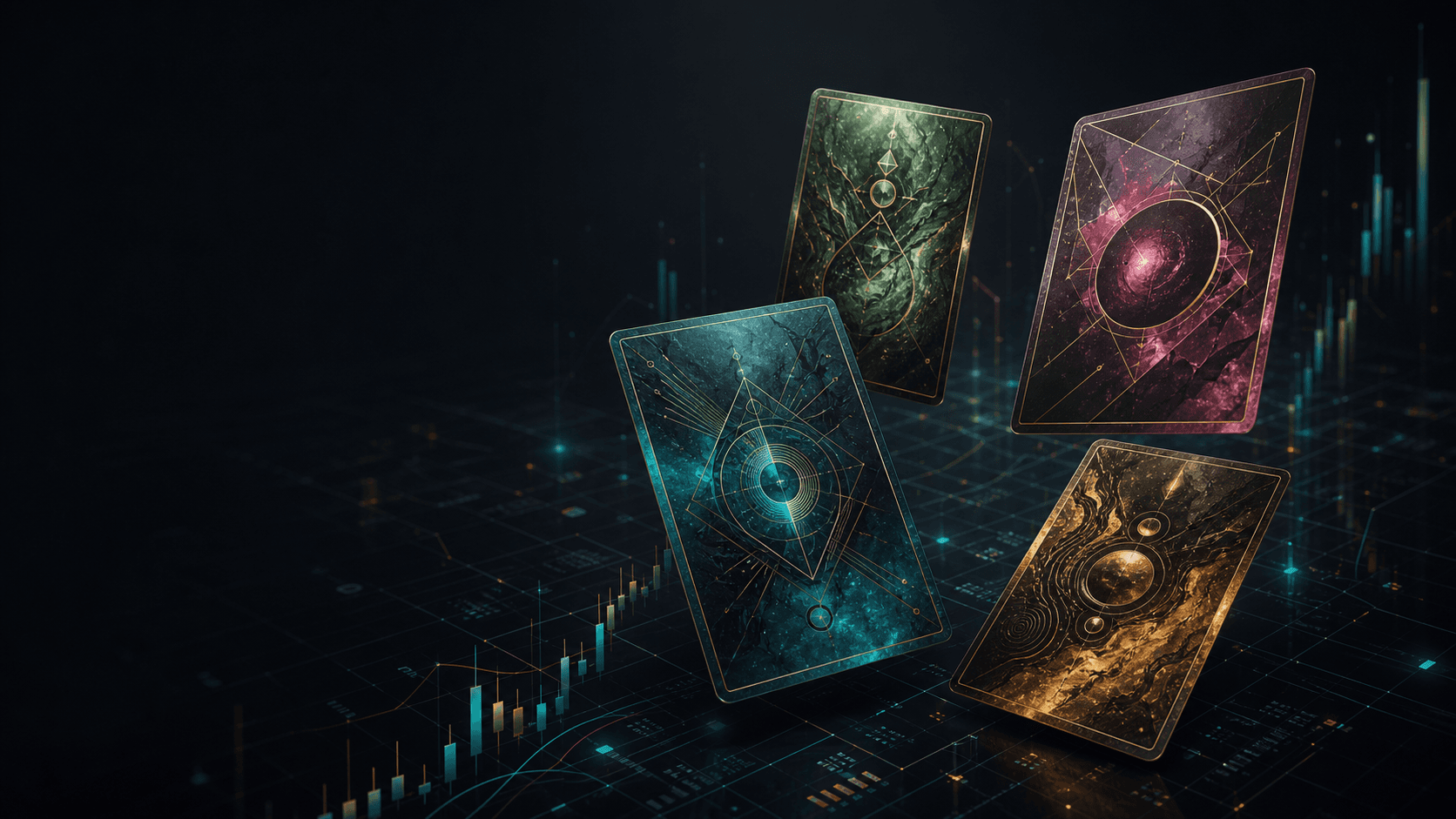 Abstract collectible cards floating over a market data grid